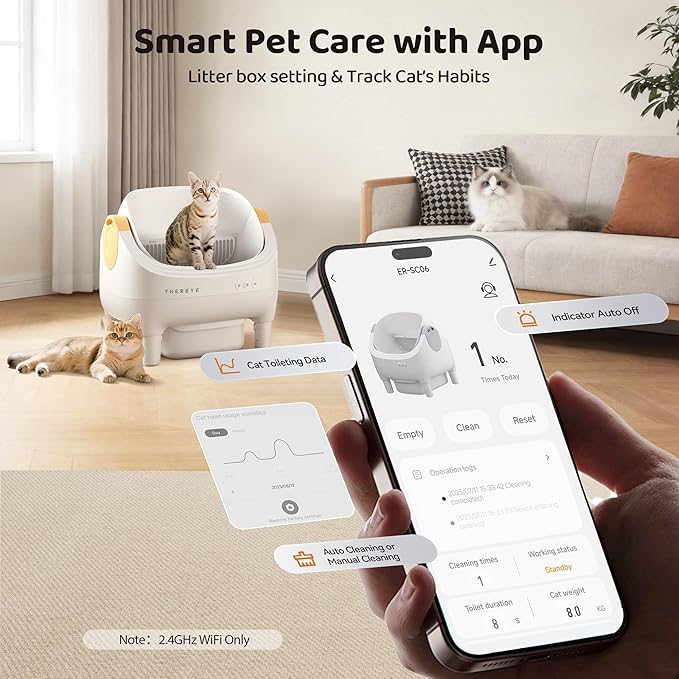 Thereye Self Cleaning Cat Litter Box, Open-Top Automatic Litter Box with APP Control, Safety Sensor and 10L Large Waste Bin, Smart Kitty Litter Boxes with Trash Bags and Mat for Multiple Cats