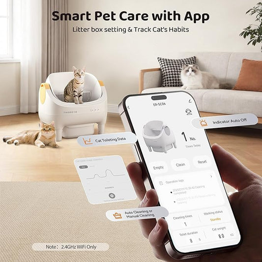Thereye Self Cleaning Cat Litter Box, Open-Top Automatic Litter Box with APP Control, Safety Sensor and 10L Large Waste Bin, Smart Kitty Litter Boxes with Trash Bags and Mat for Multiple Cats