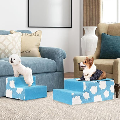 Pet Stairs for Small Dog Stairs for Sofa and Bed High Density Foam Stairs Pet Ladder with Removable Washable Cover Non-Slip Base(4 Steps Blue)