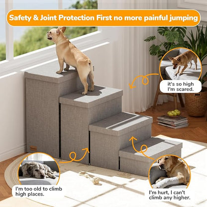 4-Step Wide Dog Stairs with Storage 23" H, Non-Slip Sturdy Pet Steps for High Bed Couch Window, Pet Stairs for Small/Medium/Large Old Dogs Cats Up to 220lbs, Cat Dog Steps for Car/SUV, Grey