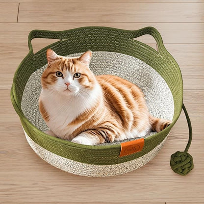 Handwoven Cat Basket with Toy Rope Ball, Foldable Scratchable Cat Hammock Bed, Breathable Cat Basket for Indoor Play Rest Sleeping (Green)