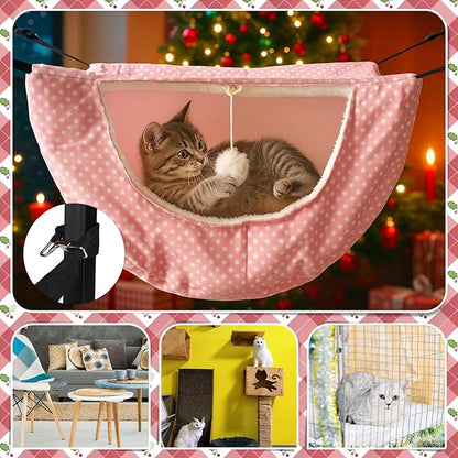 Unittype 4 Pieces Cat Cage Hammock Hanging Pet Bed Double Layer Soft Plush Hanging Pet Comfortable Hammock Bed for Indoor Kitten Ferret Hamster Rabbit or Small Animals, 4 Styles(Pink Dots)