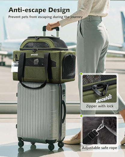 Pecute Expandable Pet Carrier Airline Approved Dog Cat Carrier, Breathable Soft-Sided with Locking Zippers, Pet Travel Bag for Small Dog Cat Anti-Scratch Mesh Leakproof Pee Pad (Dark Green)