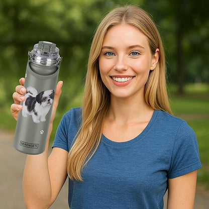 SERENGETI 24 Oz Water Bottle Stainless Steel with Spill Proof Lid - Double walled Vacuum Insulated water flask - Realistic 3D Print of your favorite dog (Shih Tzu Black)