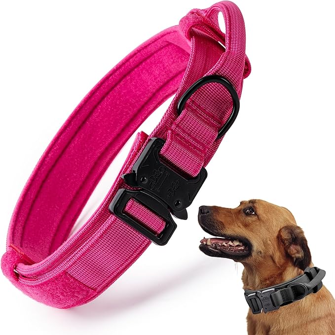 Tactical Dog Collar, Adjustable Military Training Nylon Dog Collar with Control Handle and Heavy Quick-Release Metal Buckle for Small Medium Large Dogs,Pink XXL