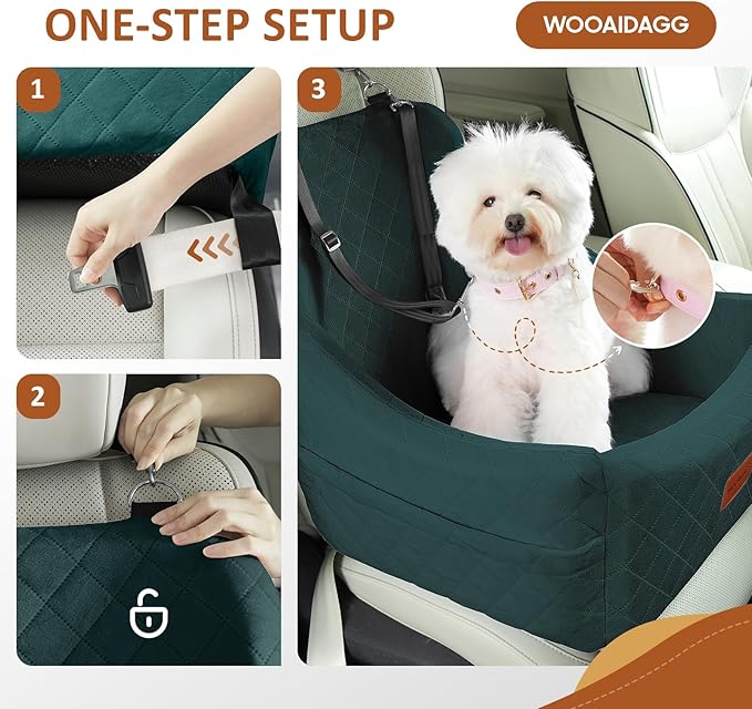 WOOAIDAGG Dog Car Seat for Medium Dogs, Pet Travel Bed with Seat Belt Channel, Fully Detachable and Washable, 3 Straps Easy to Install (Green)