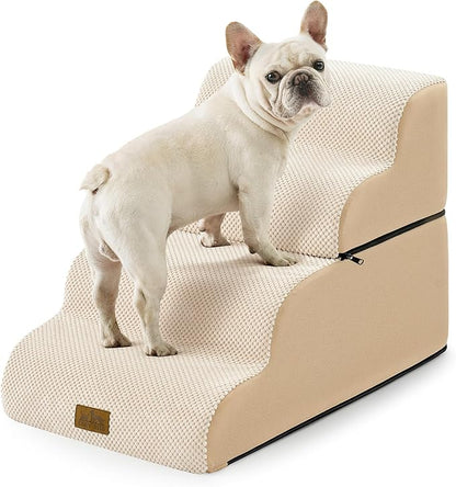 Detachable Curved Wide Dog Stairs 19.7" H, 4 Step Small Dog Step for Puppy or Older Cat, Ramp for Bed, Sofa, Couch or Chair, Ladder with High Density Foam, 17.7x28.3x19.7 inch, Beige