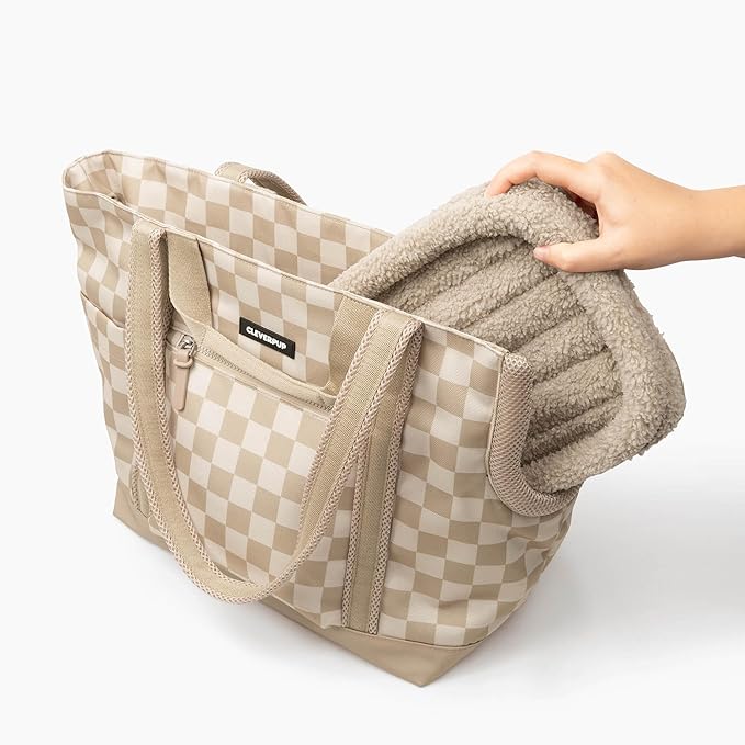 Cleverpup Transit Tote Dog Carrier 4-Piece Set - Premium Lightweight Pet Travel Bag with Plush Teddy Insert, Food Pouch, Air Mesh Opening, Water-Resistant Base & Safety Tether - Medium Checkerboard