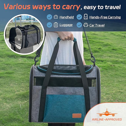 Large Cat Carrier for Cats 20 lbs, Soft Sided Breathable Mesh Travel Carrier, Airline Approved, Washable Pet Carrier for Small Dogs Puppies, Foldable, Blue