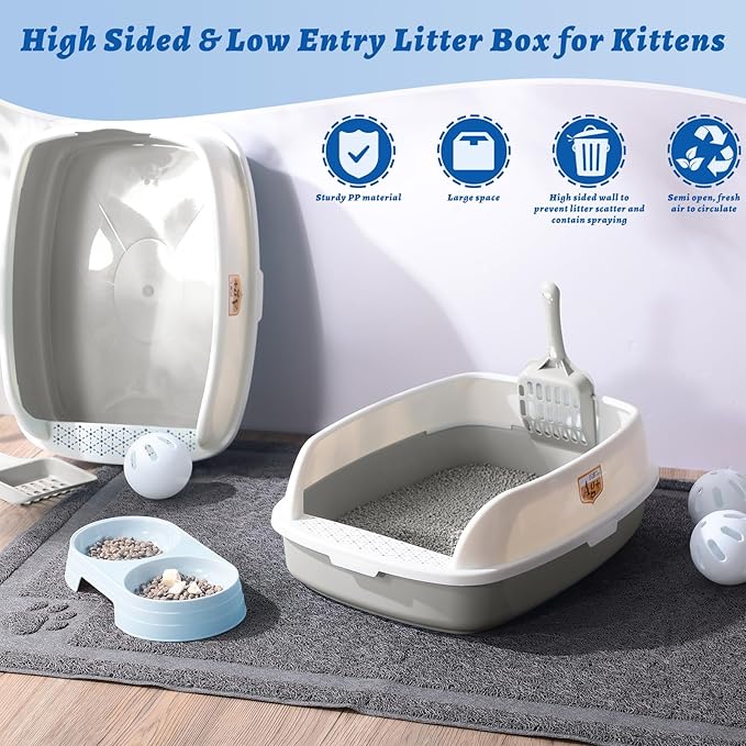 Sliner 7 Pcs Kitten Litter Box Starter Kit, 2 Plastic Small Kitty Litter Box Training Low Entry with Scoop, 2 Double Cat Bowl and Mat for Kitten Indoor(Gray)