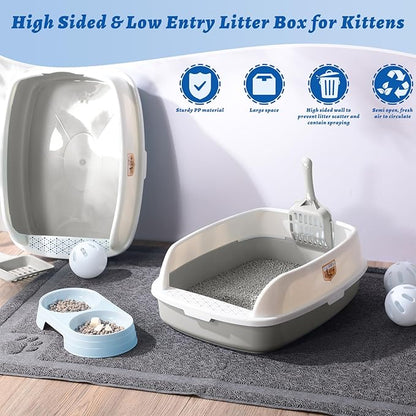 Sliner 7 Pcs Kitten Litter Box Starter Kit, 2 Plastic Small Kitty Litter Box Training Low Entry with Scoop, 2 Double Cat Bowl and Mat for Kitten Indoor(Gray)