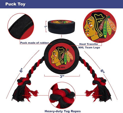 Pets First Dog Rubber Toy Tough Rubber with Heavy-Duty Dog Rope Tug Toy. NHL Chicago Blackhawks Puck Toy for Dogs & Cats. Play Hockey with Your Pet with This Licensed Dog Puck Rubber Cool Toy!