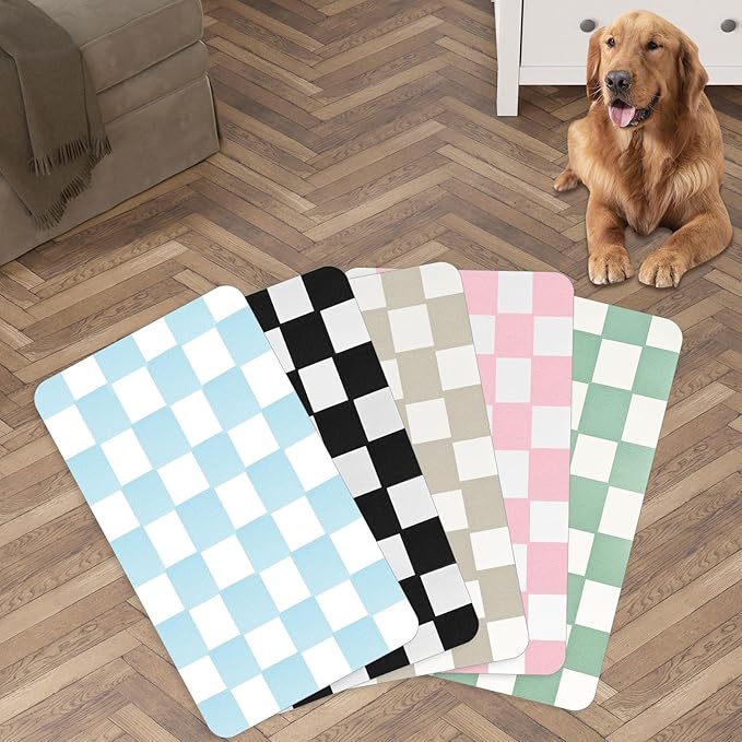 Checkered Dog Food mat, Non-Slip Sole Absorbent Dog and Water Bowl mat, Stain Free Quick Drying Checkerboard pet placemat, Suitable for cat、Puppy Accessories 12"x19"（Blue）