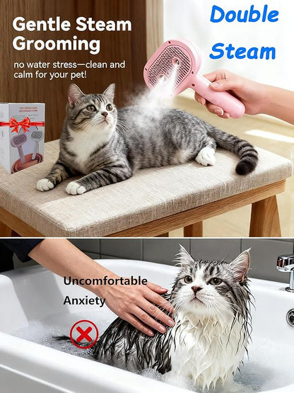 Pet Steam Brush for Cat & Dog, 2-Hole Double Spray, 3-in-1 Cat Steam Brush,Pet Spray Comb with Shedding Massaging Grooming Self-Cleaning Release Button for Long & Short Haired Pets(Pink)