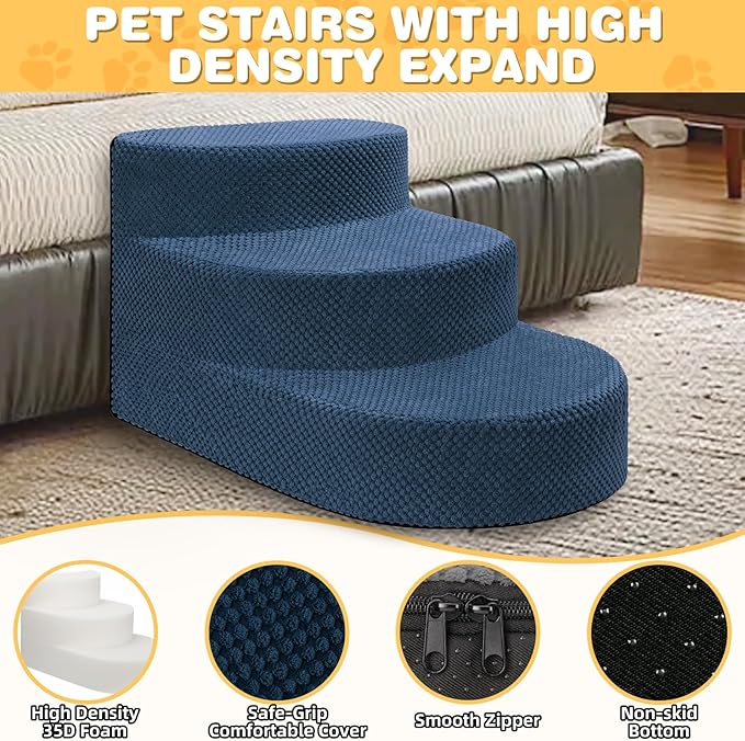 Dog Stairs for Small Dogs, Foam Steps for Small Dogs & Cats, 3 Steps Dog Ramp for High Beds, Couch, Window, Sofa, Pet Stairs with Removable Washable Cover, Non-Slip Sturdy Pet Steps, Navy Blue