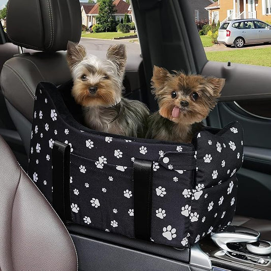 Dog Car Seat for Console - Memory Foam Pet Booster Seat for Small Medium Dogs Up to 21 lbs - SUV Truck Center Console Dog Seat with Safety Leash & Storage Pockets - Washable Cover (Large Black)