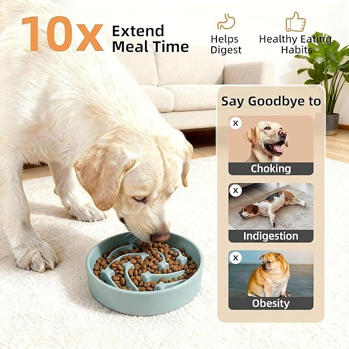 Ceramic Slow Feeder Dog Bowls Large Breed, 2 Cups Slow Eating Dog Bowl, Anti-Gulping Pet Food Bowl Reduce Choking, Heavy Puzzle Maze Design Pet Dishes for Fast Eaters, 8.3 inch - Light Green