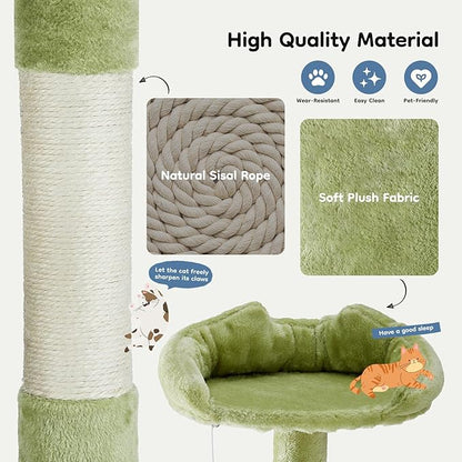 DUMOS 54-inch Indoor Cat Tree Tower –Multi-Level Pet House for Large Cats with 2 Condos, Scratching Posts, Round Platform, Small Ladder, and Toys, Green