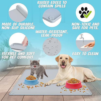 TidyFriend Pet Food Mat 30 x 23 Inches, Pet Tray for Food and Water, Dog Food Mats, Silicone Cat Food Mat, Non Slip Pet Food Mat, Dog Bowl Mat Waterproof, Pet Supplies (Soft Grey)
