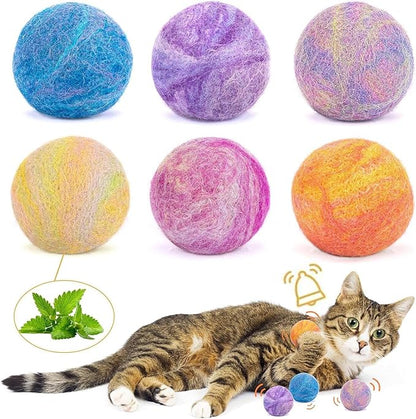 Retro Shaw Catnip Balls with Bell Inside - 6 Pcs Interactive Catnip & Silvervine Cat Toys, Durable Wool Balls for Indoor Cats, Kitten Teething Toys, Natural Catnip Toys for Bored Cats
