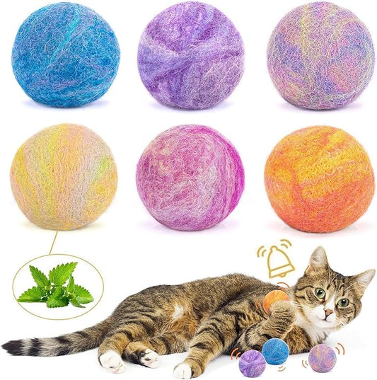Retro Shaw Catnip Balls with Bell Inside - 6 Pcs Interactive Catnip & Silvervine Cat Toys, Durable Wool Balls for Indoor Cats, Kitten Teething Toys, Natural Catnip Toys for Bored Cats