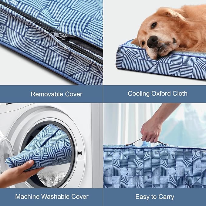Outdoor Orthopedic Dog Bed for Extra Large Dogs, XL Waterproof Flat Pet Bed 44x32 Inch, Egg Crate Foam with Removable Washable Oxford Cooling Cover, White Blue