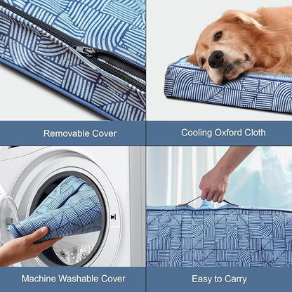 Outdoor Orthopedic Dog Bed for Extra Large Dogs, XL Waterproof Flat Pet Bed 44x32 Inch, Egg Crate Foam with Removable Washable Oxford Cooling Cover, White Blue