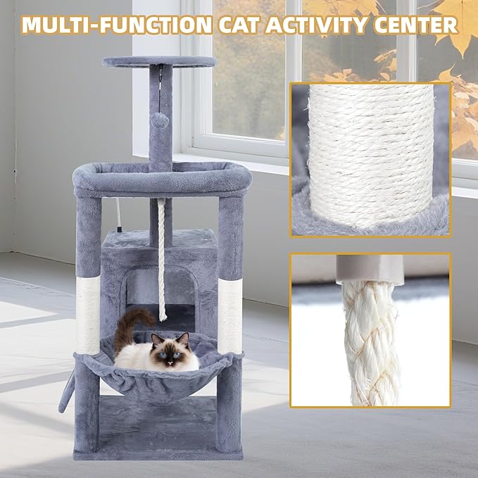 TWDEPART 37.5" All-in-One Cat Tree Tower with Scratching Board & Posts Cozy Sleeping Perch Hammock and Toy Balls,Grey