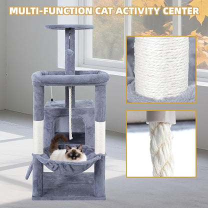 TWDEPART 37.5" All-in-One Cat Tree Tower with Scratching Board & Posts Cozy Sleeping Perch Hammock and Toy Balls,Grey