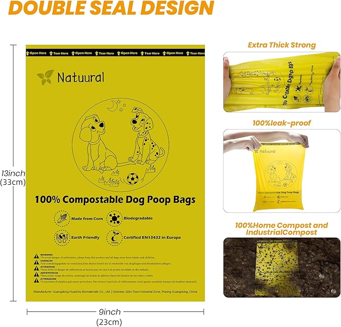 Certified Compostable Dog Poop Bags-270 Bags 18Rolls, Poop Bags for Dogs Made of Cornstarch - ASTM D6400 By USA, Leakproof Easy Open, Unscented Dog Waste Bags (Yellow)