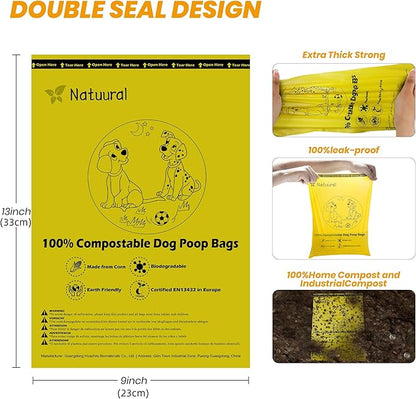 Certified Compostable Dog Poop Bags-270 Bags 18Rolls, Poop Bags for Dogs Made of Cornstarch - ASTM D6400 By USA, Leakproof Easy Open, Unscented Dog Waste Bags (Yellow)