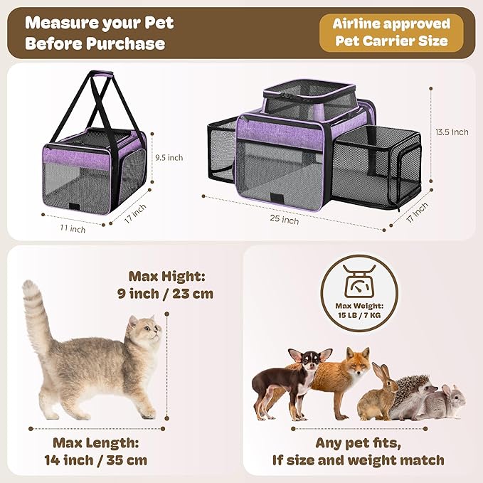 Top and 2 Sides Expandable Pet Carrier 17x11x9.5, TSA Airline Approved Small Dog Carriers for Small Dogs, Soft-Sided Cat Carrier with Self-Locking Zippers for Kitten,Rabbit, Puppy, Guinea Pig Purple