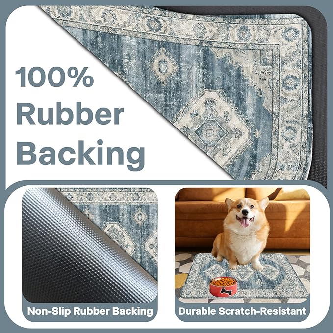 Pet Dog Cat Food Mat, Non Slip Bowl Mats for Food and Water, Absorbent Boho Dogs Cat Feeding Mat Puppy Pet Placemats for Floors Indoor Pets Accessories Supplies 16 * 24 inch, Retro Blue