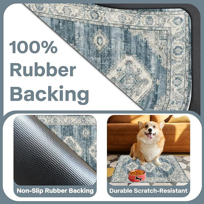 Pet Dog Cat Food Mat, Non Slip Bowl Mats for Food and Water, Absorbent Boho Dogs Cat Feeding Mat Puppy Pet Placemats for Floors Indoor Pets Accessories Supplies 16 * 24 inch, Retro Blue