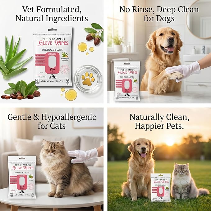 KIL Pet Shampoo Glove Wipes for Dogs & Cats - Hypoallergenic Bath Gloves with Aloe & Jojoba - No Rinse Needed - Deodorizing & Grooming - 6ct Travel Pack