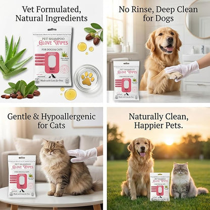 KIL Pet Shampoo Glove Wipes for Dogs & Cats - Hypoallergenic Bath Gloves with Aloe & Jojoba - No Rinse Needed - Deodorizing & Grooming - 6ct Travel Pack