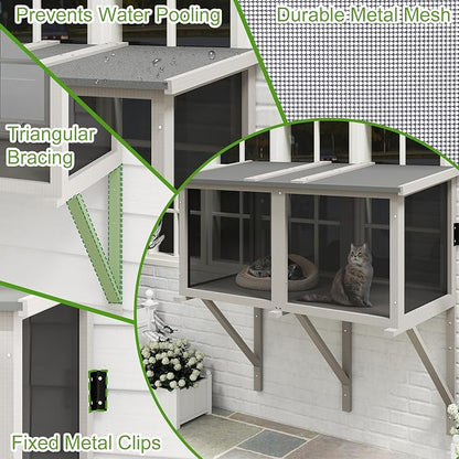 PetsCosset Cat Window Box Catio Outdoor Cat Enclosure for Sunbathing, Napping & Bird Watching, Sturdy Window Perch for Indoor Cats for Apartments, Keeps Insects Out, All-Weather Use, Grey