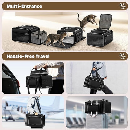 Top and 2 Sides Expandable Cat Carrier 18x13.5x9.5, TSA Airline Approved Dog Carriers for Small Dogs, Soft-Sided Pet Carrier with Self-Locking Zippers for Kitten,Rabbit,Puppy, Black White