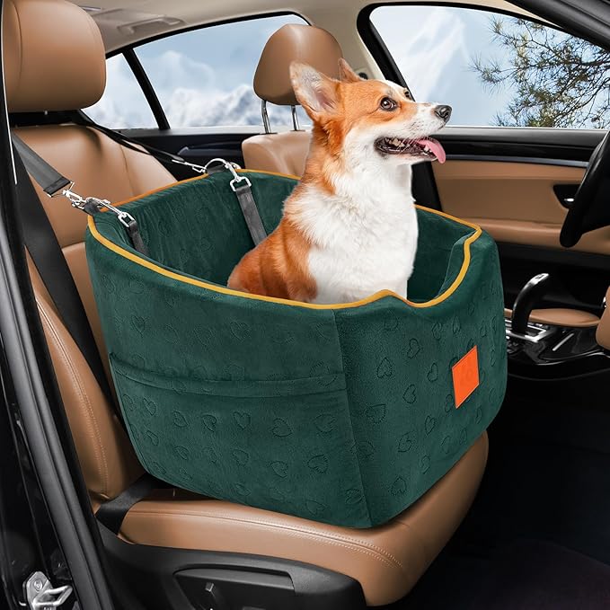 XIEEAOZEE Dog Car Seat for Small Dogs, Memory Foam Booster Dog Seat for Dogs up to 35 lbs, Elevated Pet Car Seat, Travel Safety Pet Seat with Washable Removable Cover, Storage Pockets (Green)