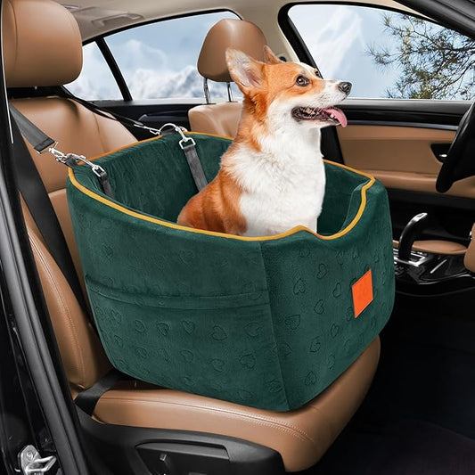 XIEEAOZEE Dog Car Seat for Small Dogs, Memory Foam Booster Dog Seat for Dogs up to 35 lbs, Elevated Pet Car Seat, Travel Safety Pet Seat with Washable Removable Cover, Storage Pockets (Green)