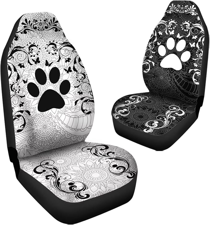 Car Front Seat Covers Full Set of 2, Boho Floral Paw Print Stretchy Waterproof Automotive Interior Accessories Universal Fit Most Vehicles