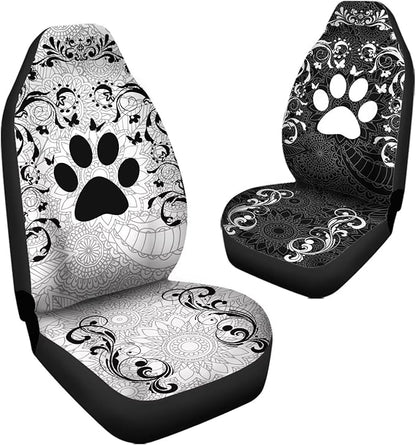Car Front Seat Covers Full Set of 2, Boho Floral Paw Print Stretchy Waterproof Automotive Interior Accessories Universal Fit Most Vehicles