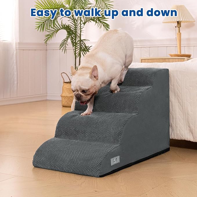 Dog Steps for Bed, 4 Step Pet Stairs for Small and Medium Dogs, Non-Slip Dog Ramp with Washable Cover, High-Density Support Foam for Easy Climbing,Grey