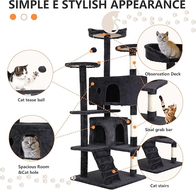 BestPet | 54" Cat Tree Tower | Dark Gray | Sturdy, Easy to Assemble, Multi-Level Activity Center with Sisal Scratching Posts, Condos, Perches, Hanging Cat Toys, Observation Decks & Ladder