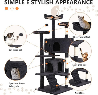 BestPet | 54" Cat Tree Tower | Dark Gray | Sturdy, Easy to Assemble, Multi-Level Activity Center with Sisal Scratching Posts, Condos, Perches, Hanging Cat Toys, Observation Decks & Ladder