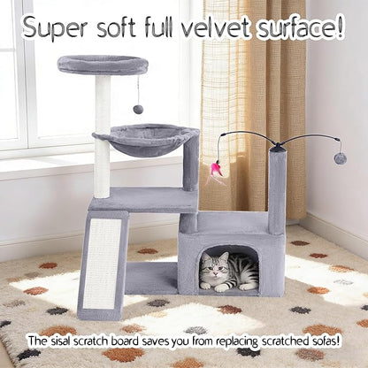 YUNIQUE Multi-Functional Cat Tree Tower, Big Cat Condo with Scratching Board, Rotating Toy & Deep Hammock, Luxury Perch Kitty Furniture for Indoor Cats (Grey)