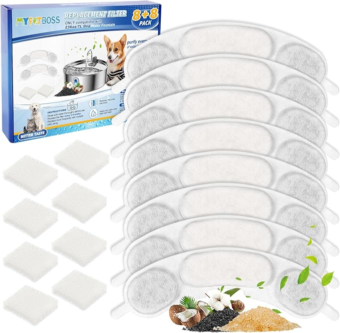 8+8 Packs Replacement Filters Compatible with Smartoo 236oz/7L Stainless Steel Dog Water Fountain, Multilayer Filtration System Pet Dog Water Bowl Filter Replacement, 8 Filters + 8 Sponge