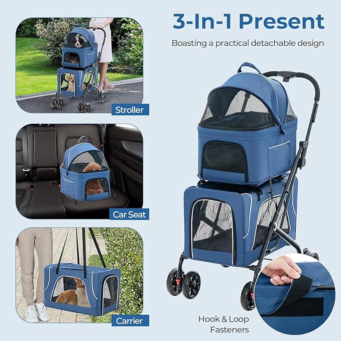 Double Dog Stroller for 2 Dogs, Detachable Carriers, Safety Belt, Lockable Wheels, Pet Travel Carrier Strolling Cart, Folding Cat Stroller for Small Medium Pets Dogs (Blue)