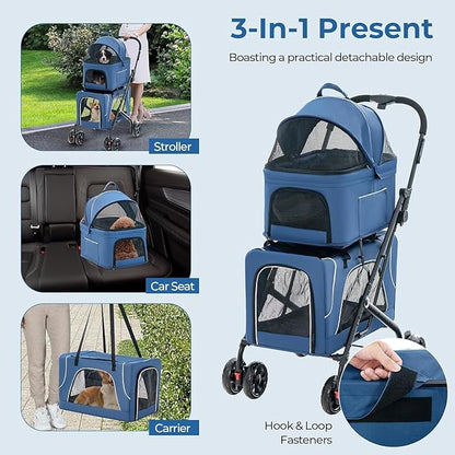 Double Dog Stroller for 2 Dogs, Detachable Carriers, Safety Belt, Lockable Wheels, Pet Travel Carrier Strolling Cart, Folding Cat Stroller for Small Medium Pets Dogs (Blue)