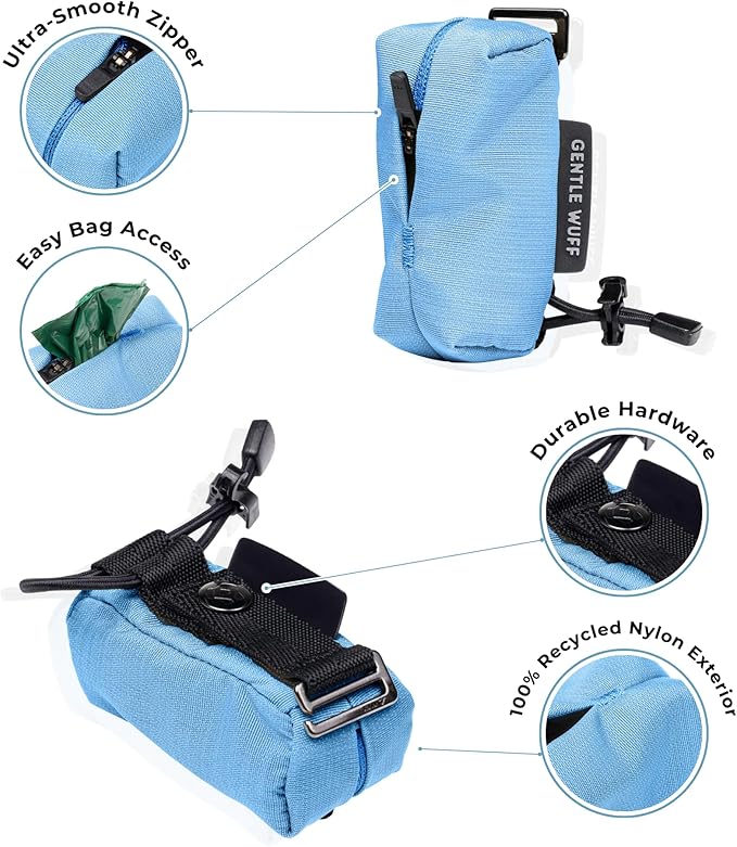Poo Pouch – Recycled Nylon Dog Waste Bag Holder with Reflective Accents & Modular Strap Attachment for Walks & Travel (Coast)